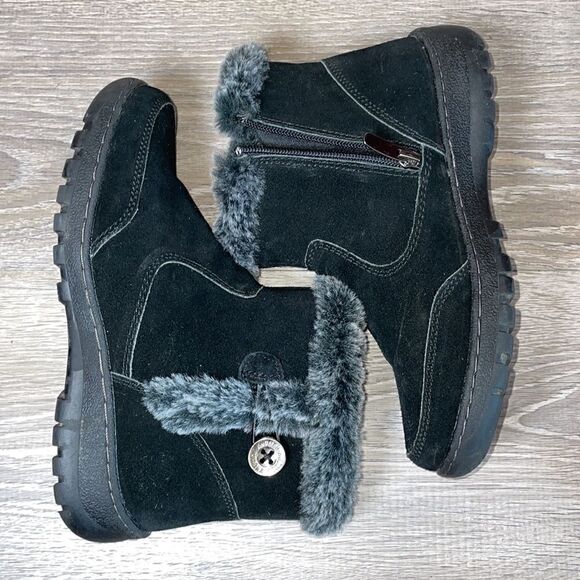 Khombu Iris Black Leather Warm Faux Fur Women’s Size 7M Slip On Zip Ankle Boot - Picture 10 of 12